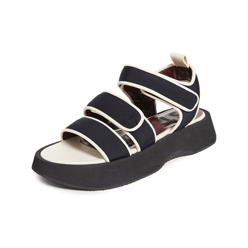 STAUD Womens Black White Contrast Pipiing 1" Platform Crew Wedge Sandals 39